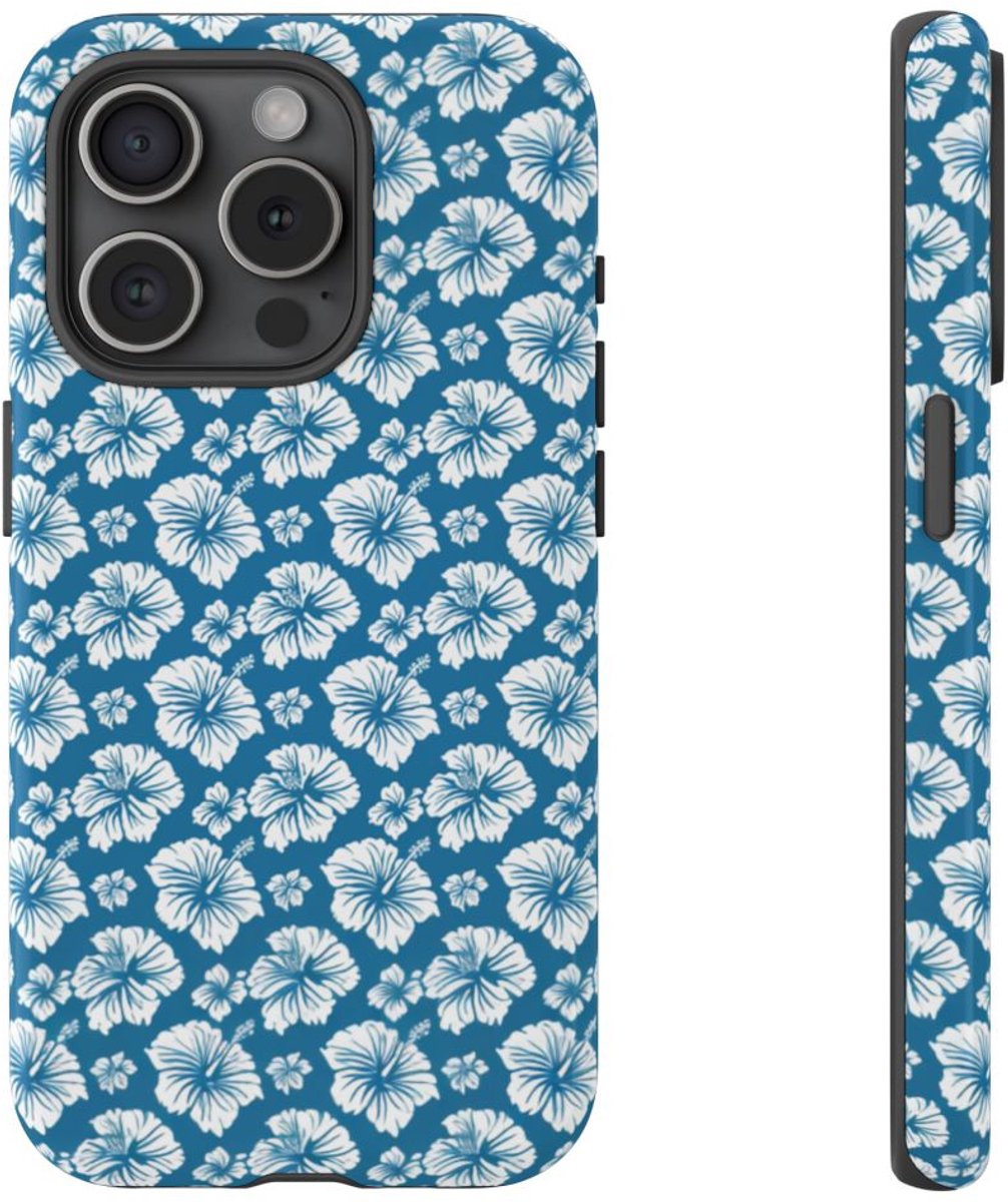 Wit Hawaïaans Bloemenpatroon op Blauw – Telefoonhoesje Geschikt voor iPhone 15 Pro