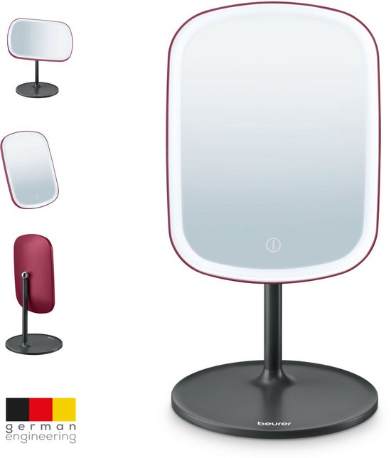 Beurer BS 47 Limited Edition 25 Make-up Spiegel met LED Verlichting rondom – Keuze: Warm, Koud of Natuurlijk Licht – Touchbediening – Magnetisch – Met Opbergvak – Oplaadbaar – Groot spiegel oppervlak van 15 x 21 cm - Bordeauxrood/zwart
