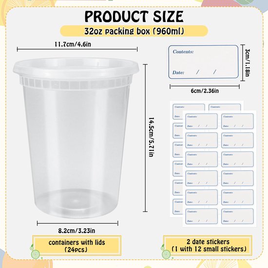 LATERN 24 stuks plastic voedselcontainers met deksels, 360 ml herbruikbare voedselopslagbekers lekvrije soep opslag container vriezer veilige magnetronbare delicatessenbekers voor maaltijdbereiding en