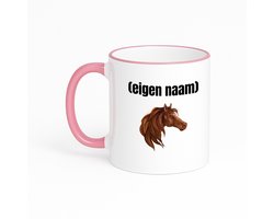 foto van Hacebo® - paardenkop met eigen naam koffiebeker met gekleurde rand roze - Paarden - paarden liefhebbers - thee mok - koffie beker - iemand die houdt van paarden - verjaardag - cadeau - kado - koffiemok - 330 ML