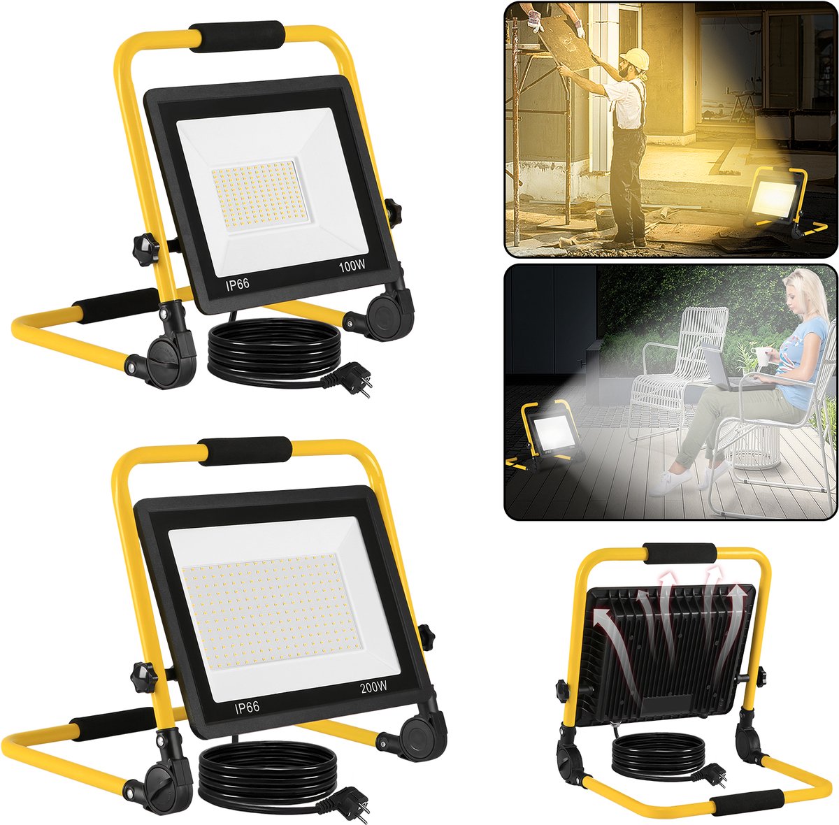 Bouwspot werklamp 200W koud wit met standaard en 3M stroomkabel, bouwplaatsspot LED schijnwerper IP66 waterdicht voor garage, tuin, bouwplaats, warm wit