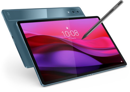Blauwgrijze tablet met stylus, roze-paarse achtergrond, tijd 10:08, en een tweede tablet op de achtergrond.