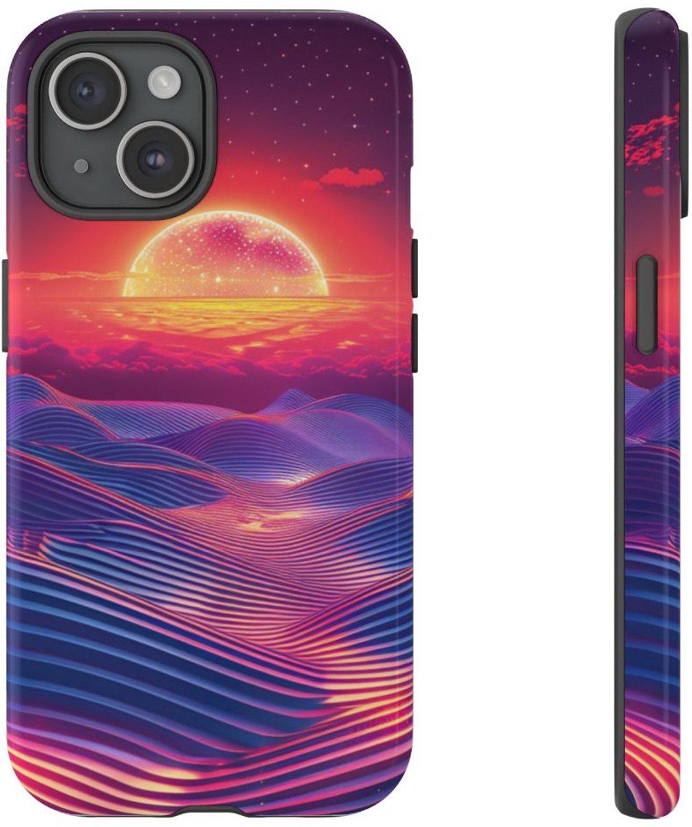 Levendige Zonsondergang met Abstracte Golven – Telefoonhoesje Geschikt voor iPhone 15