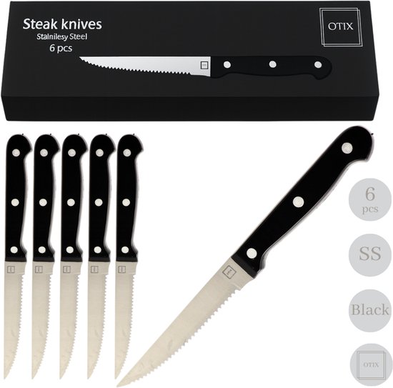 Set van zes zwarte Otix steakmessen, inclusief verpakking met tekst Steak knives 6 pcs.