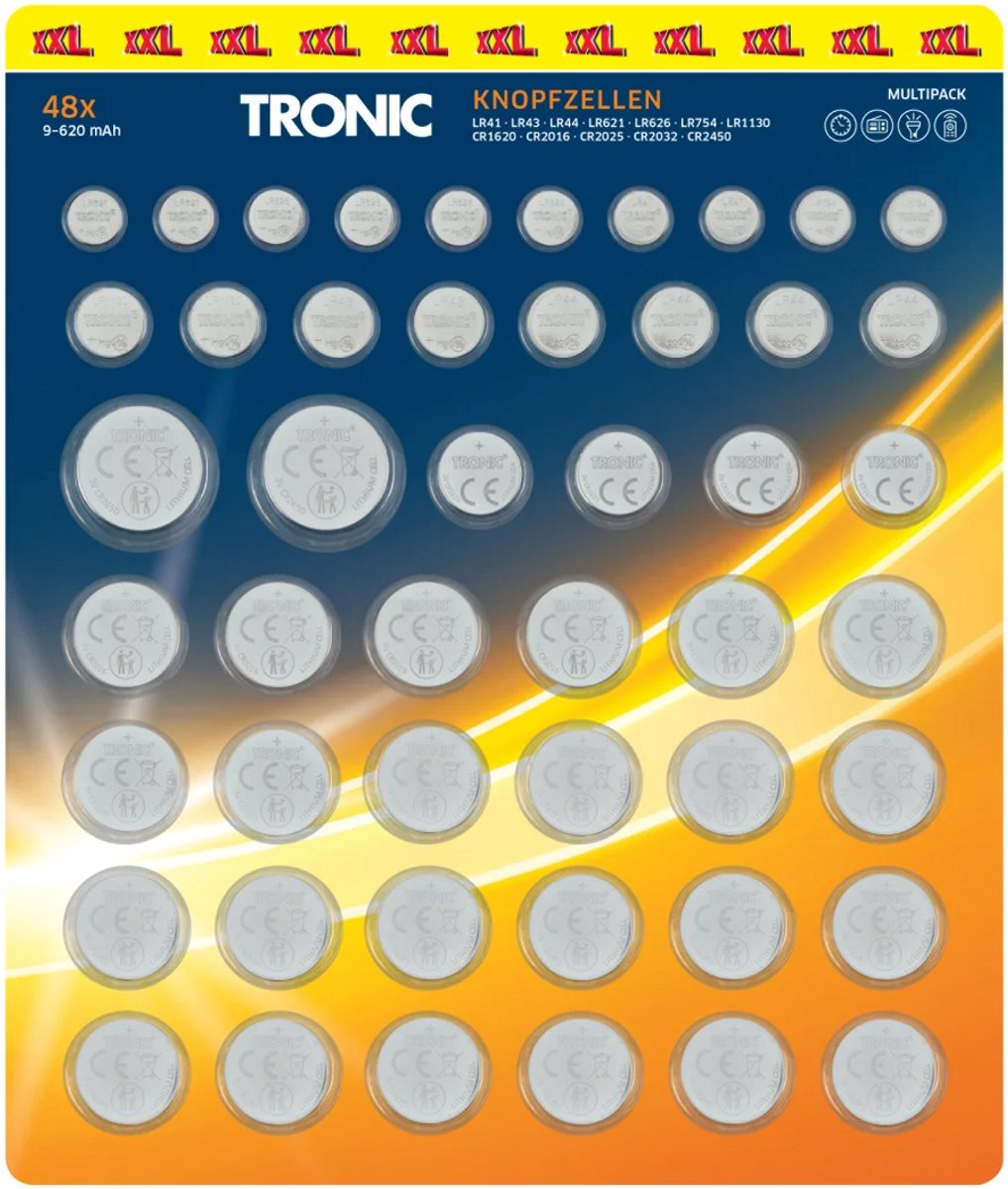 TRONIC® Knoopcelbatterijen - Set: 48 batterijen - Spanning: 1,5 / 3 V - Oplaadbaar: nee - XXL - Geschikt voor horloges, radio's, zaklampen, afstandsbedieningen etc. - met 12 verschillende batterijtypen - Multipack