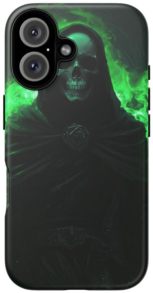 Skelet in Zwarte Gewaden met Groene Magie – Telefoonhoesje Geschikt voor iPhone 16