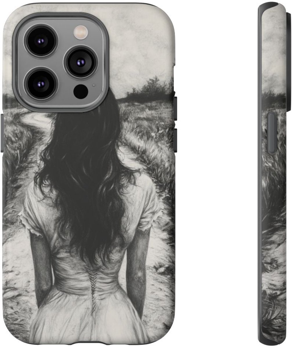 Vrouw op Zandweg in Houtskooltekening – Telefoonhoesje Geschikt voor iPhone 14 Pro