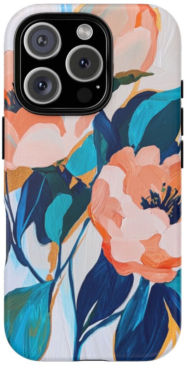 Abstracte Perzikbloemen met Blauwe Bladeren – Telefoonhoesje Geschikt voor iPhone 16 Pro