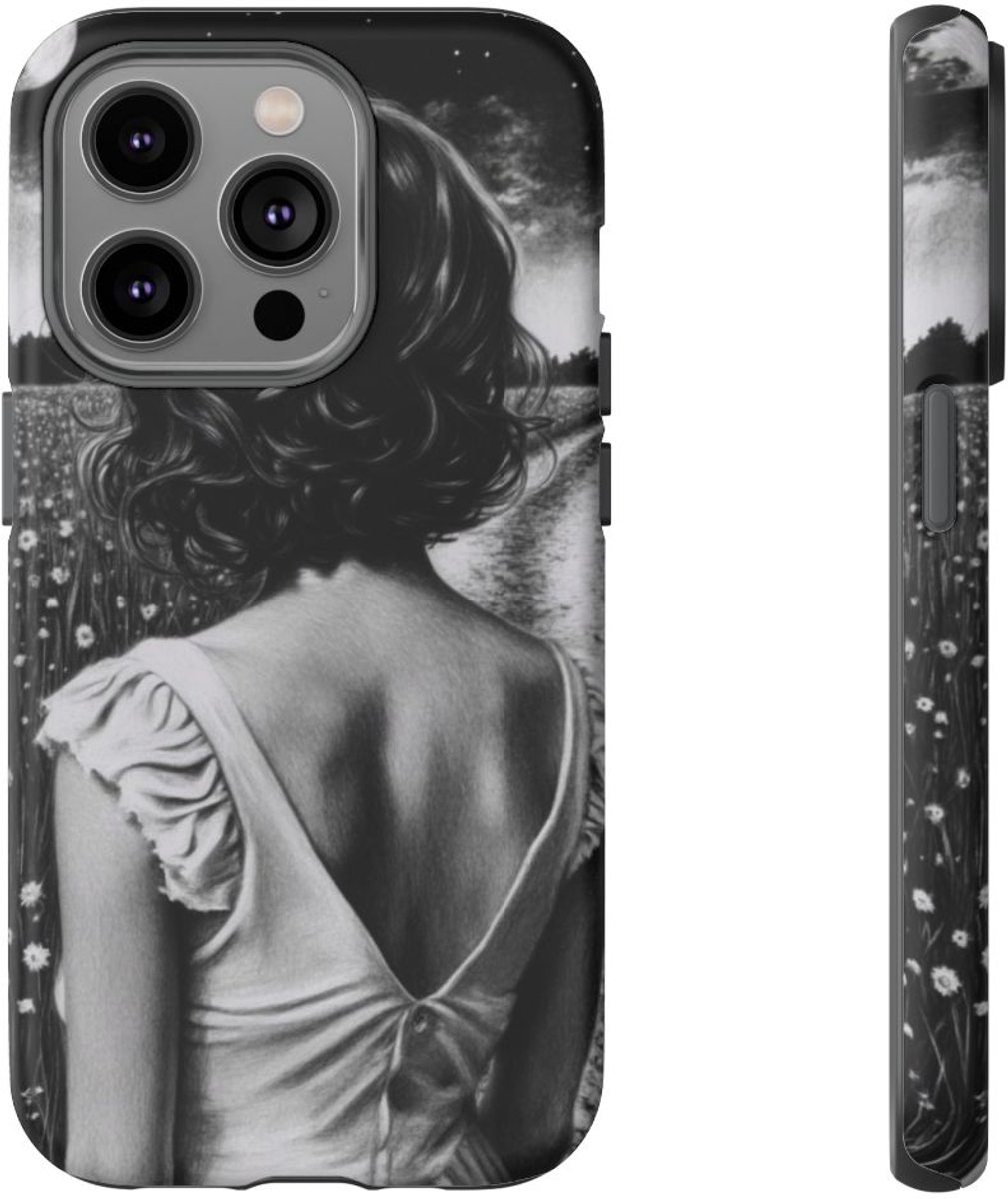 Vrouw in Witte Jurk Onder Verlichte Maan – Telefoonhoesje Geschikt voor iPhone 14 Pro