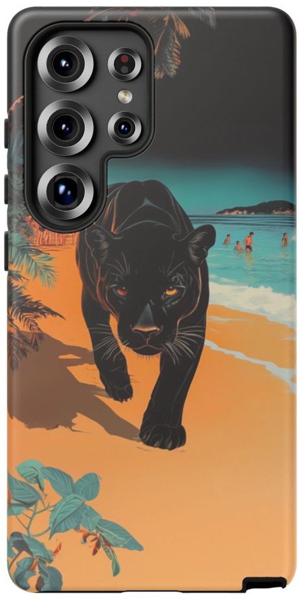 Zwarte Panter op Tropisch Strand – Telefoonhoesje Geschikt voor Galaxy S25 Ultra