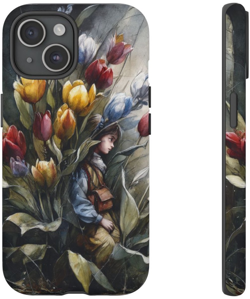Meisje Tussen Kleurrijke Tulpen – Telefoonhoesje Geschikt voor iPhone 15