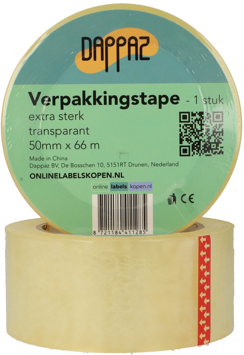 Dappaz Verpakkingstape Transparant - Extra Sterk met Hoge Kleefkracht 66 m x 50 mm - 1 Rol Dozen Tape - OPP Plakband - Dikte 65 µm