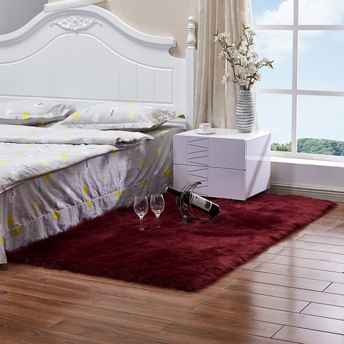 Qelus Bordeaux Imitatie Schapevacht Wasbaar Vloerkleed - 6cm Lang Haar - 50x80cm - Binnen Tapijt voor Slaapkamer Woonkamer