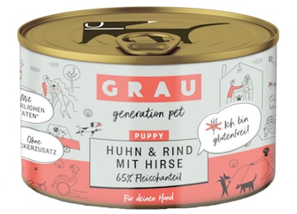 GrauDST - Puppy/Junior Hondenvoer - Kip, rund en gierst - Blik - 6x200g