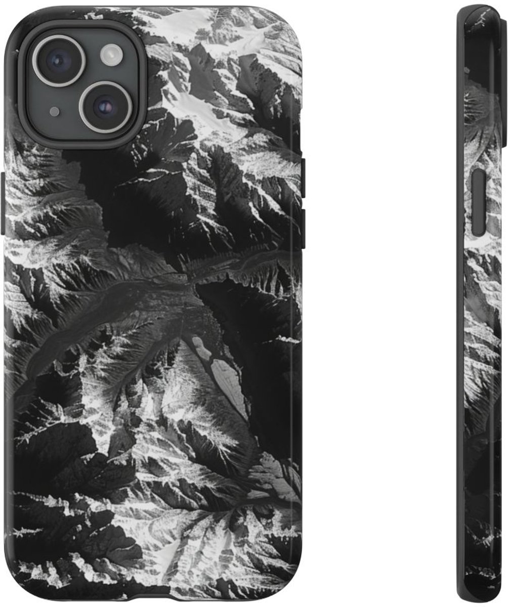 Zwart-Wit Berglandschap – Telefoonhoesje Geschikt voor iPhone 15 Plus