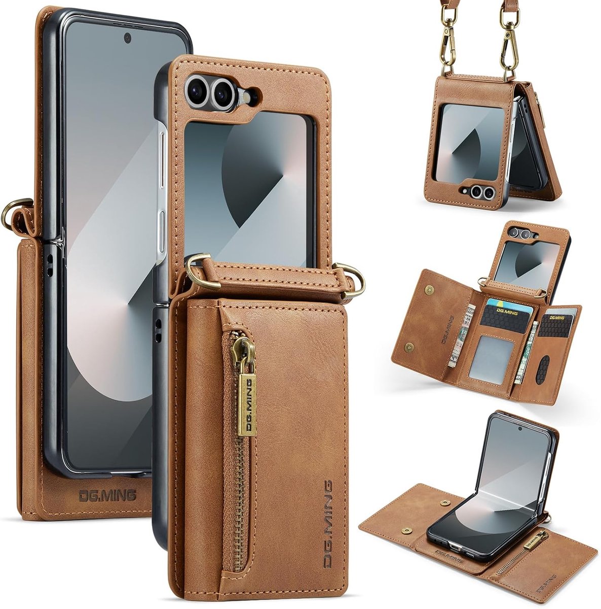 Zandarix Geschikt voor Samsung Galaxy Z Flip 7 - Mat lederen hoesje met ritssluiting - Schouderriem - Back Cover Hoesje - Bruin