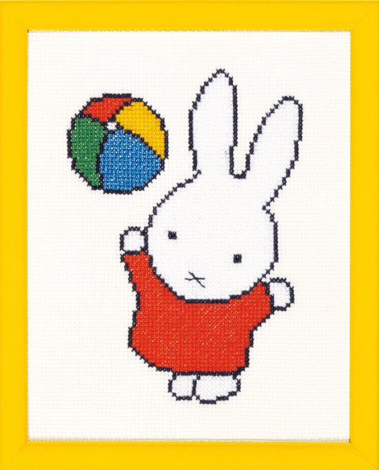 Pako Borduurpakket met telpatroon - Nijntje met bal, Dick Bruna - 211.603 - voorgesorteerd garen - Aida- 13 x 17 cm - DIY kit