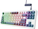 Wit gaming toetsenbord met gekleurde toetsen en spiraalkabel. Nederlandse QWERTY-indeling.