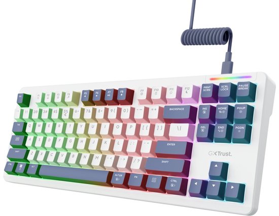 Wit gaming toetsenbord met gekleurde toetsen en spiraalkabel. Nederlandse QWERTY-indeling.