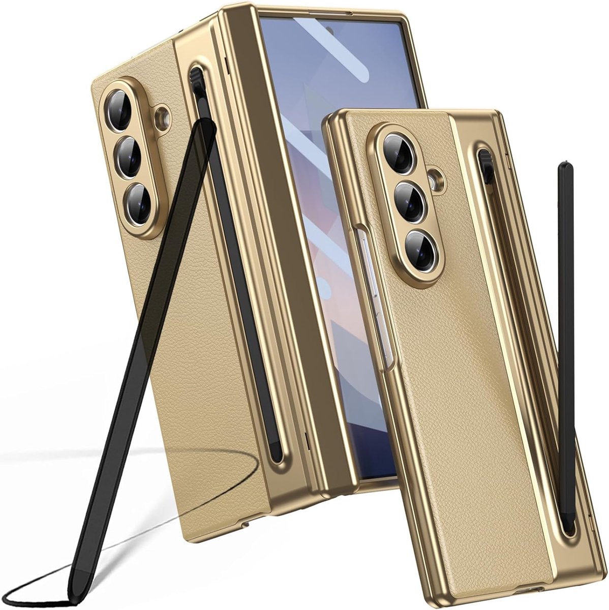 Zandarix Geschikt voor Samsung Galaxy Z Fold 7 - Delicaat leer - Ingebouwde Scharnierbescherming - Met Screenprotector - S Pen Stylus Vervanging - Back Cover Hoesje - Goud