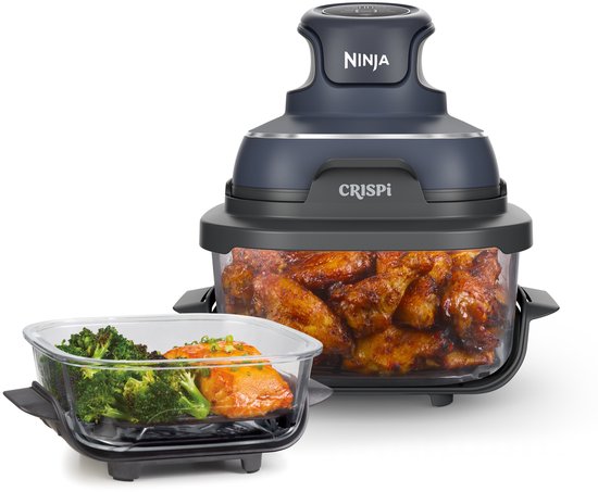 Ninja CRISPi 4-in-1 compact glazen kooksysteem - Airfryer, Roast, Recrisp, Keep Warm - Inclusief twee glazen schalen van 3.8L en 1.4L en bijpassende deksels - 2 Crisper-Plates - Blauw - FN101EUGY