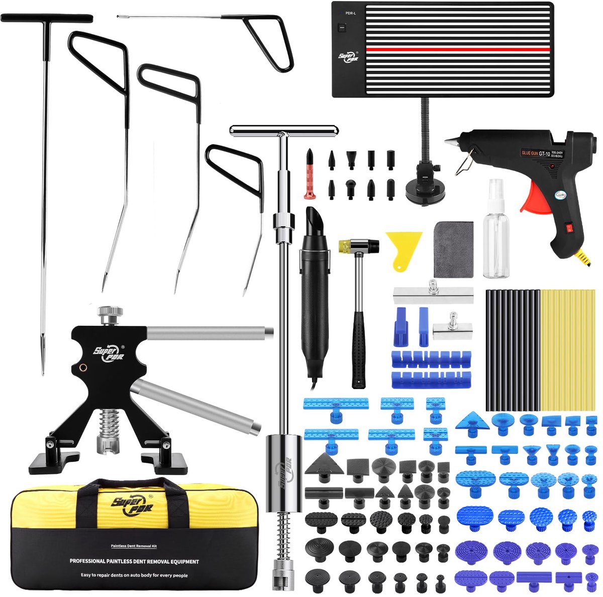 Auto Dellenreparatieset - Lakvrij Uitdeukgereedschap met 5 Dellenreparatiestangen, PDR Lamp en Glijhamer - Voor Hagelschade en Voertuig Dellen Verwijderen