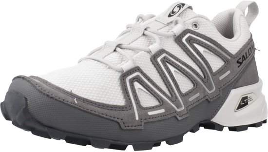 Witte Salomon Speedcross 3 trailrunningschoen met grijze details, veters en 'SALOMON' op de zijkant.