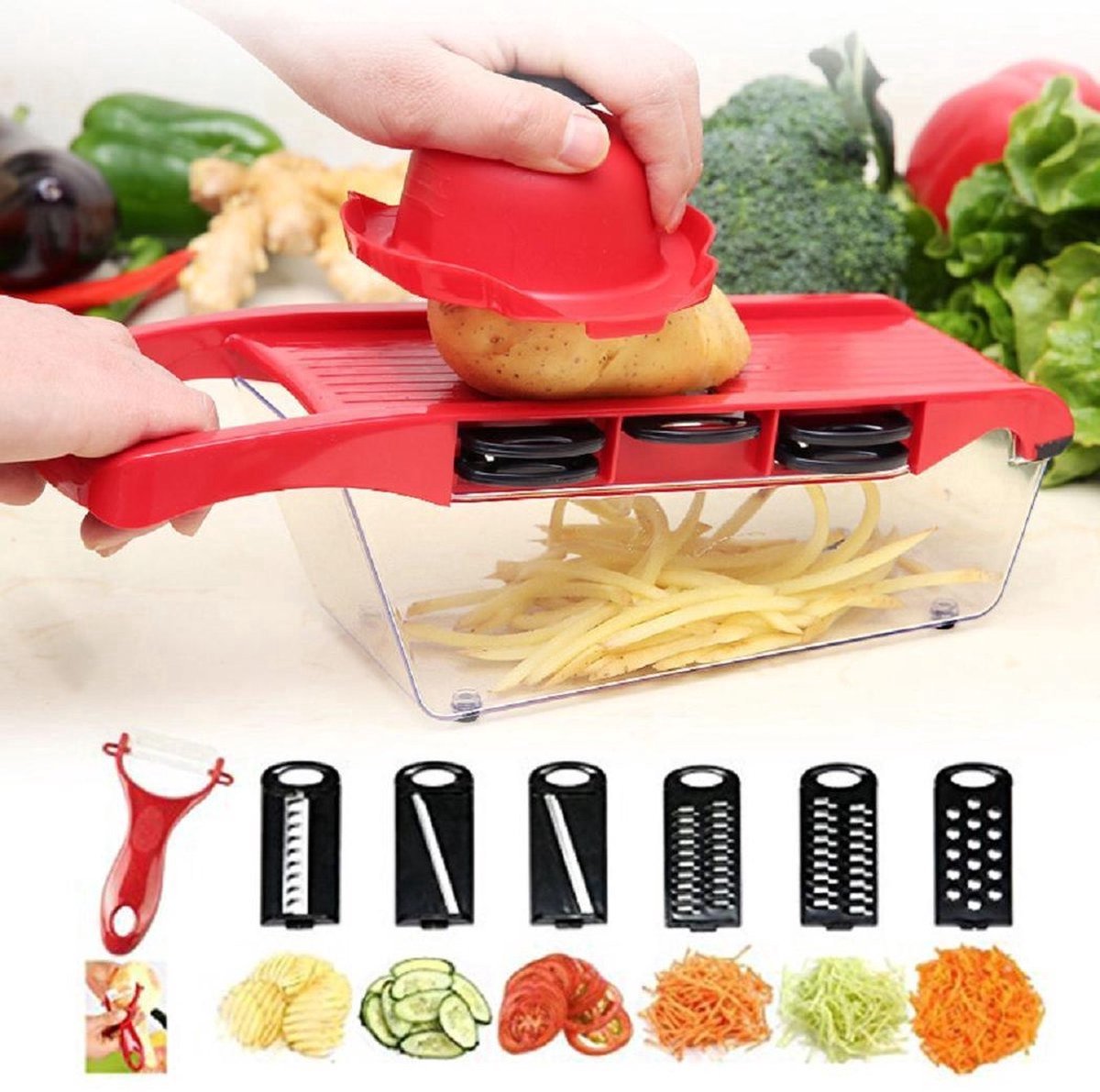 CommerceDeals – Alles-in-1 Mandoline – RVS Keukensnijder met Accessoires – Snijden, Rasp & Pers in Één - Snijmachine - Rasp - Persen - Mandolines - Keuken snijder met accessoire