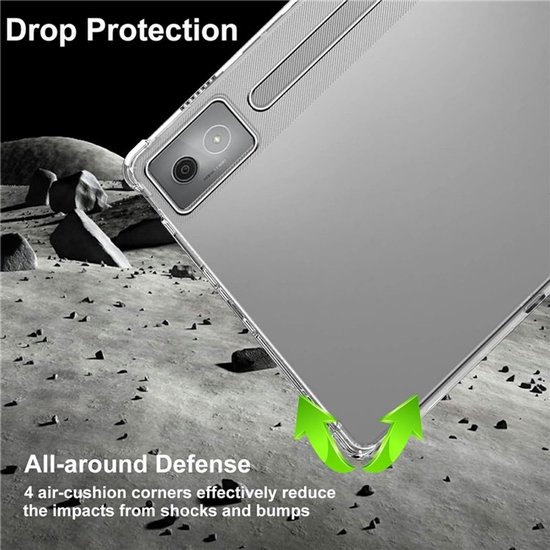 Transparante tablethoes met versterkte hoeken op een rotsachtige ondergrond. "Drop Protection".