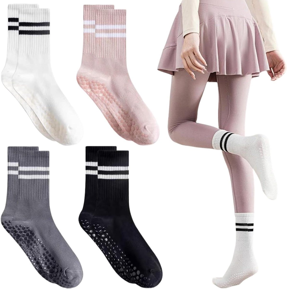 Allecto Plus - Antislip Yogasokken voor Dames - Set van 4 - Antislip Sportsokken voor Yoga Pilates Dans Fitness - Ademend Katoen - Grijs/Wit/Zwart/Roze