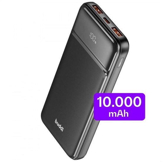 Buddi Boost - 10.000 mAh Powerbank - Reisformaat - LED Display - USB-A - USB-C Snelladen - Universele Draagbare Oplader voor o.a. Samsung en iPhone - Ideaal voor Handbagage - Zwart