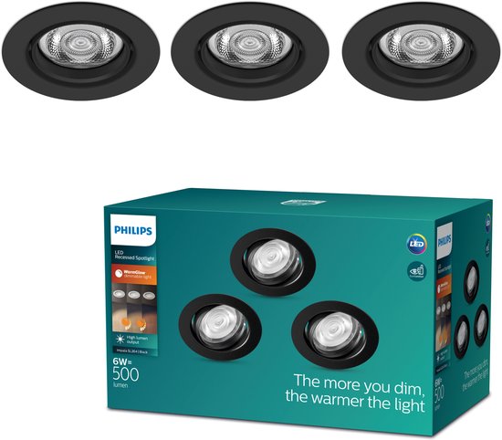 Doos met drie Philips LED inbouwspots, zwart, rond, 6W, 500 lumen.