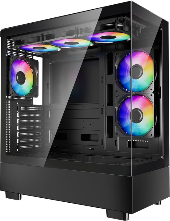 Pc Gaming Behuizing, Mid-Tower, Gehard Glazen Paneel met Geoptimaliseerde Luchtstroom, Stofbescherming, 6x 120 Mm Pwm Argb Ventilatoren, Compatibel met Gpu's Tot 410 Mm Lang, Geschikt voor Atx/M-Atx/Itx