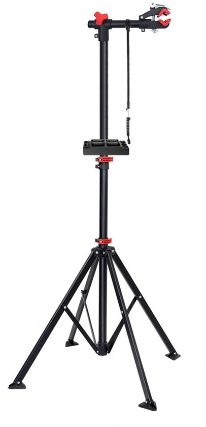 Recalma Fiets Montagestandaard - Fietsreparatiestandaard Uitschuifbaar 112,5 - 188,5 cm - Fietslift Verstelbaar - Fietsstandaard incl. Gereedschapsbak - 360° Klem - Vierpoot met Grip - Zwart