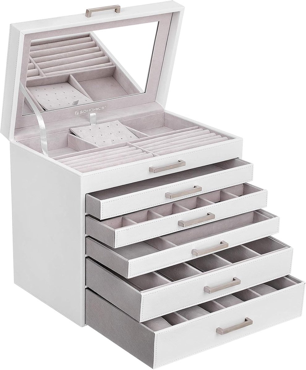 Conway Living® - Sieradendoos - Juwelendoos - met 6 niveaus en 5 lades - spiegel - wit