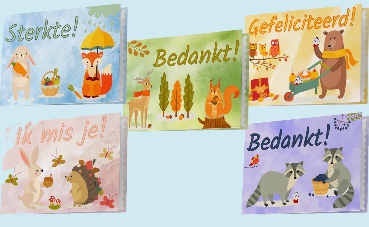 Wenskaarten Set 5 Stuks – A5 Gevouwen – Met Enveloppen – Alluvia – Vrolijke Teksten & Design