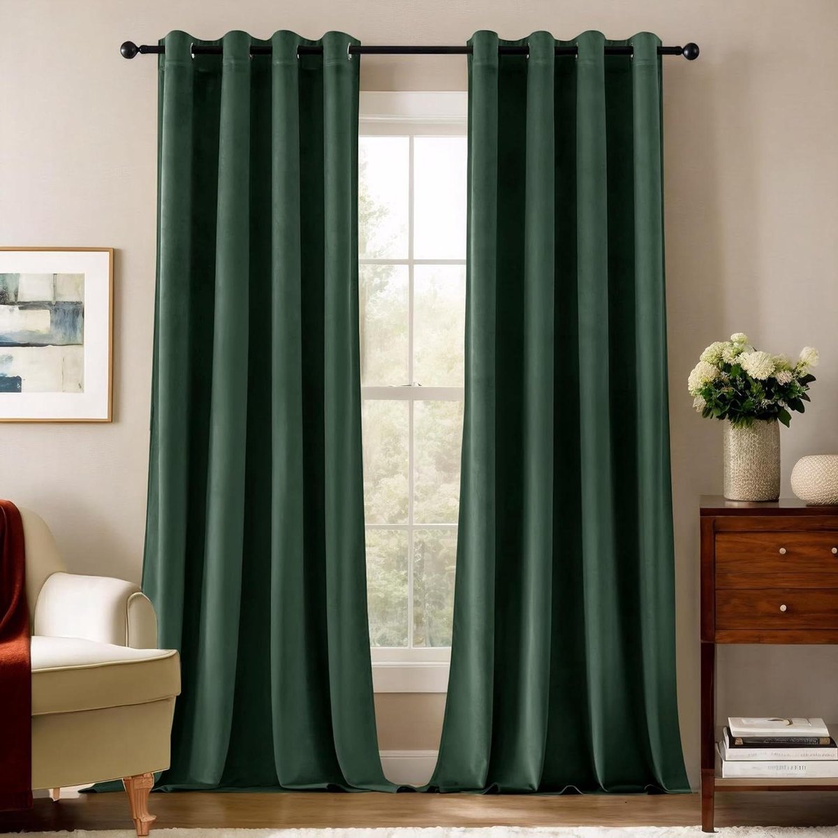 Allecto Plus - Ondoorzichtige Fluwelen Slaapkamer Gordijnen 140x175 CM Donkergroen - Set van 2 Stuks met Warmte-Isolerende Eigenschappen