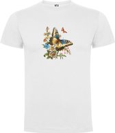 Wit T-Shirt met “Kleurrijke opvallende Vlinders met wilde bloemen - Voorjaar“ Print Full Color Maat 2XL