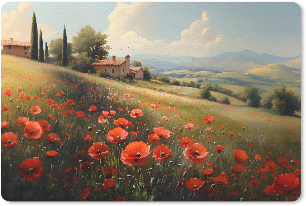 Muismat 27x18 cm - Mousepad Klaprozen - Rood - Heuvels - Landschap - Muismatten