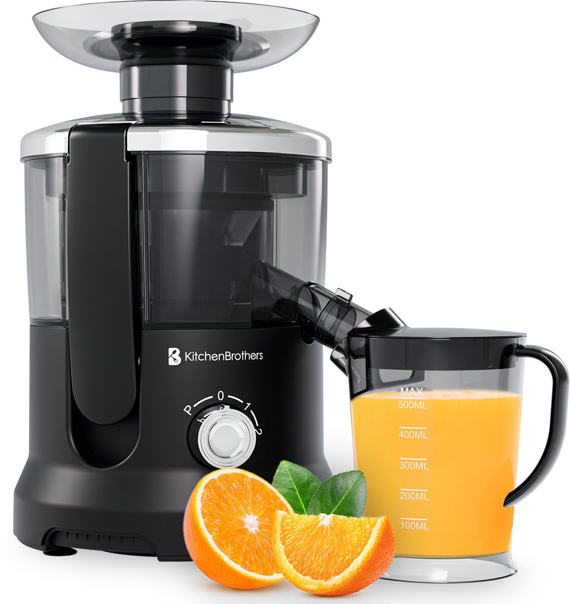 KitchenBrothers Sapcentrifuge - Voor Groenten en Fruit - Juicer - Slowjuicer - Met Pulpcontainer - 500ml - 600W - Zwart