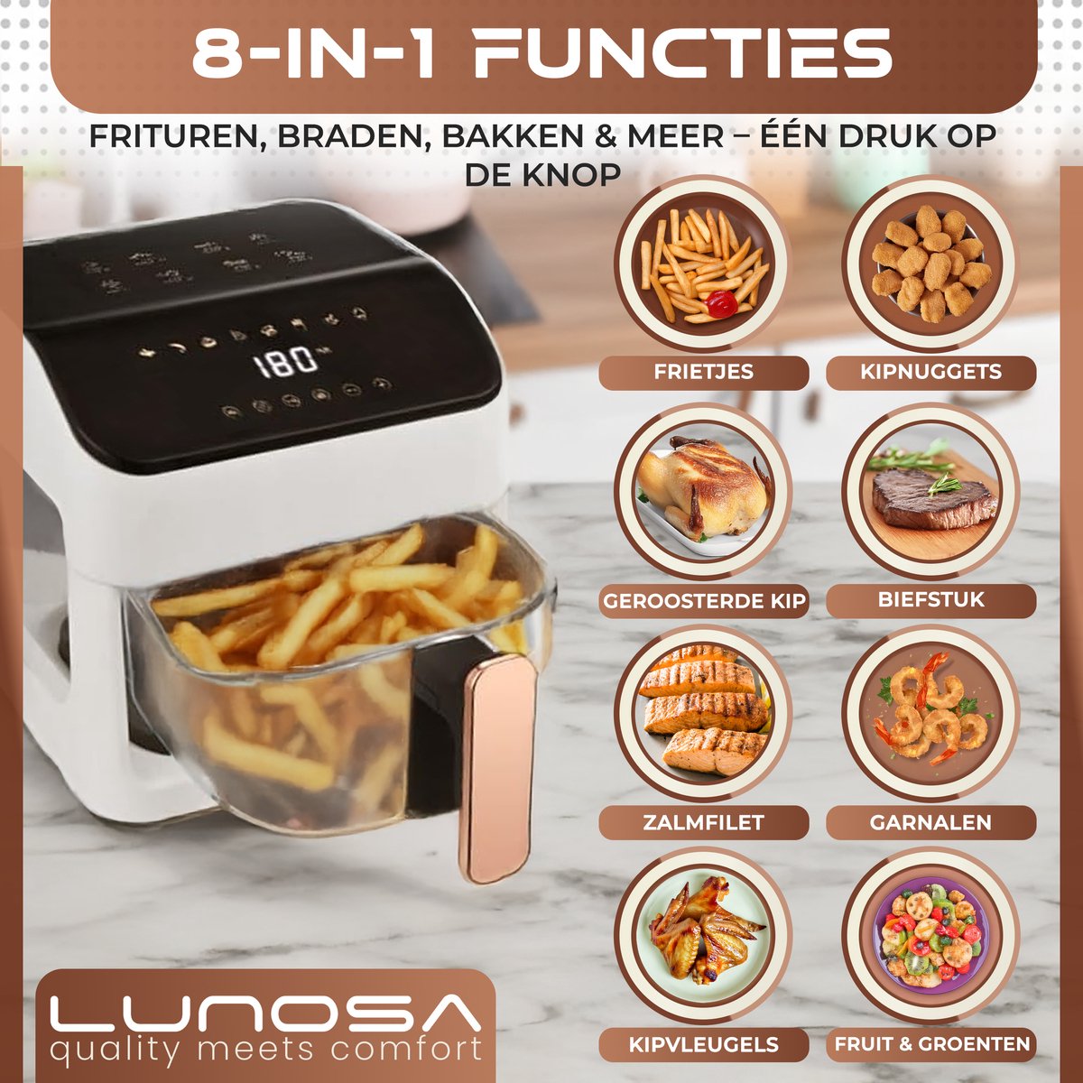 Afbeelding 3 van Lunosa Airfryer glas wit - heteluchtfriteuse - airfryer kookboek - air fryer - heteluchtoven - PFAS VRIJ - inclusief receptenboek