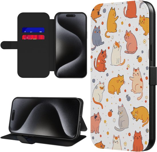 Étui de téléphone Smartphonica adapté à iPhone 15 Pro Max Housse de Bookcase en similicuir avec languette magnétique et porte-cartes avec imprimé Chats adapté à iPhone 15 Pro Max