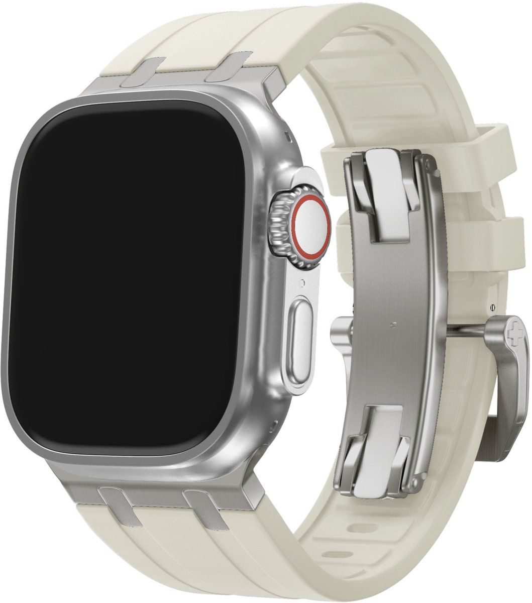 BALR. liquid siliconen band geschikt voor Apple Watch 1/2/3/4/5/6/8/9/10/11/SE(2-3)/Ultra(2-3) in de maat: 44mm / 45mm / 46mm / 49mm - Rubberen bandje met stalen aansluiting (beige/titanium)
