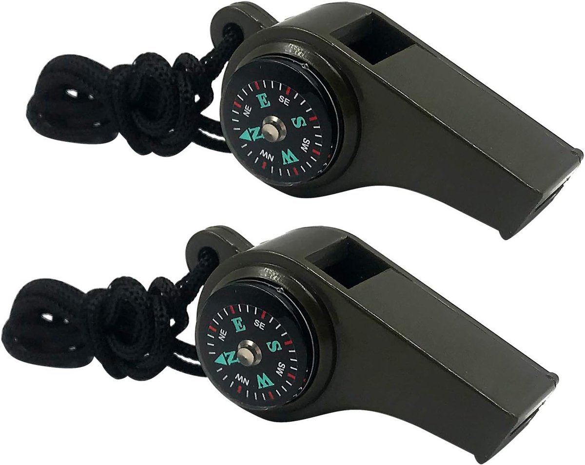 ZVD 2-pack - 3-in-1 noodoverlevingsfluitje (met kompas + thermometer) - Veiligheidsfluitje voor buitenwandelen - Overlevingsfluitje met hoog decibel en koord