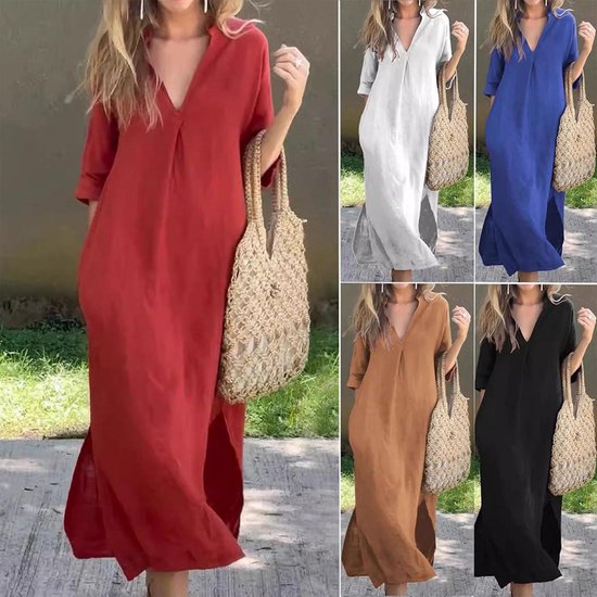Allecto Plus - Robe Elegant à Séparation en V fendue 2025 Nouvelles Robes mi-longues Comfort en Katoen et lin doux et respirant pour femmes