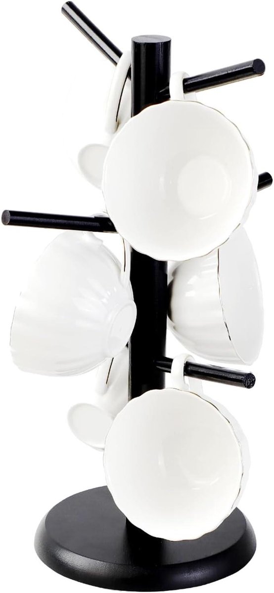 Inovra Plus - Houten Bekerhouder met 6 Haken voor Koffiekopjes - Bekerrek voor Keuken en Koffiebar met Anti-slip Basis - Zwart