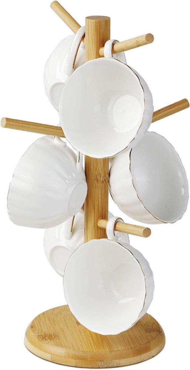 Inovra Plus - Bekerhouderboom van hout met 6 haken voor koffiekoppen - Opbergrek keuken en koffiebar - Anti-slip basis - Houtkleurig - Stijlvol en functioneel