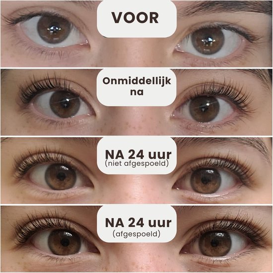 Vergelijking van wimpers voor en na een lash lift behandeling. Vier afbeeldingen tonen het resultaat direct na, 24 uur na (niet gespoeld) en 24 uur na (gespoeld).