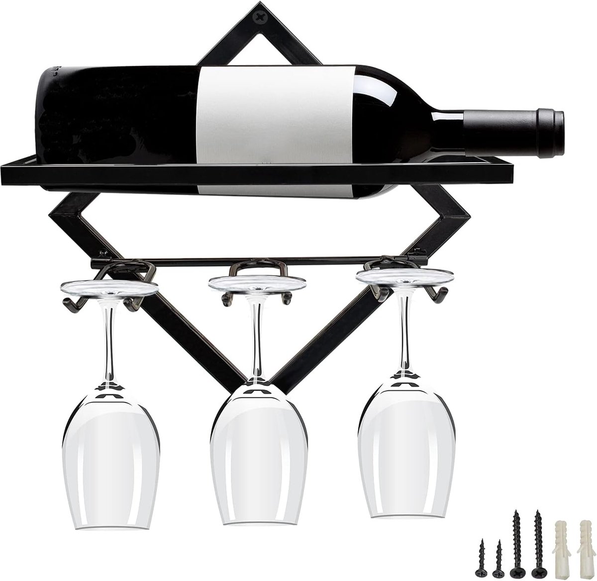 Metalen wandgemonteerde wijnhouder - Glazen rack met 3 stamhouders - Wijnfles organiser