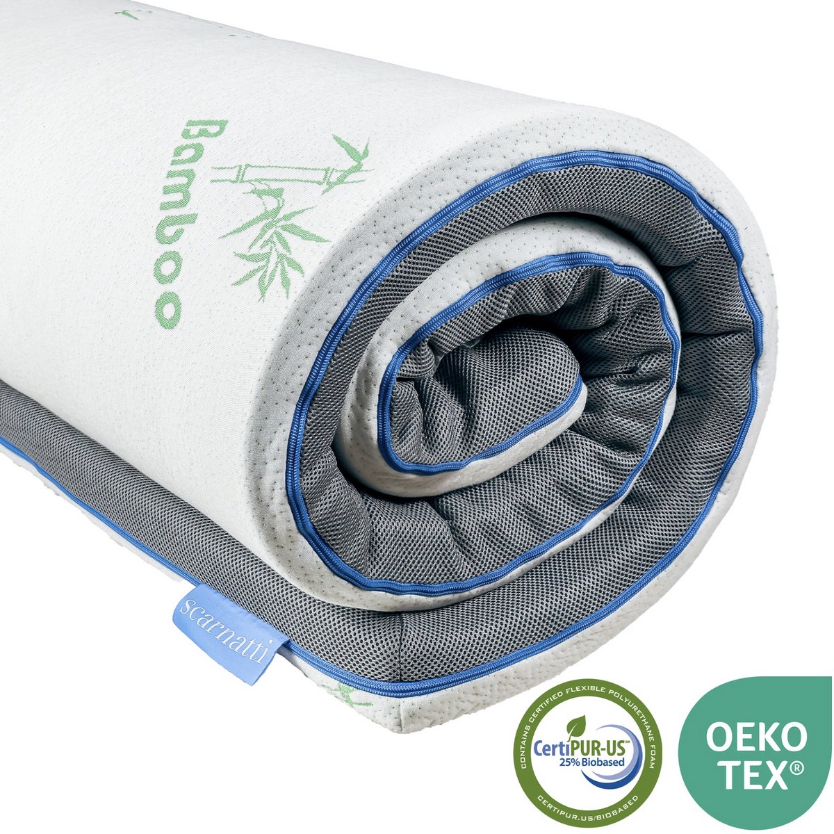 Scarnatti Premium topper - 2-in-1 matras met bamboe houtskool CoolGel traagschuim en GreenTea HRX High Resilient Cold Foam - 180 x 200 cm - wasbare overtrek, antislip, 65 mm dik, geschikt voor alle